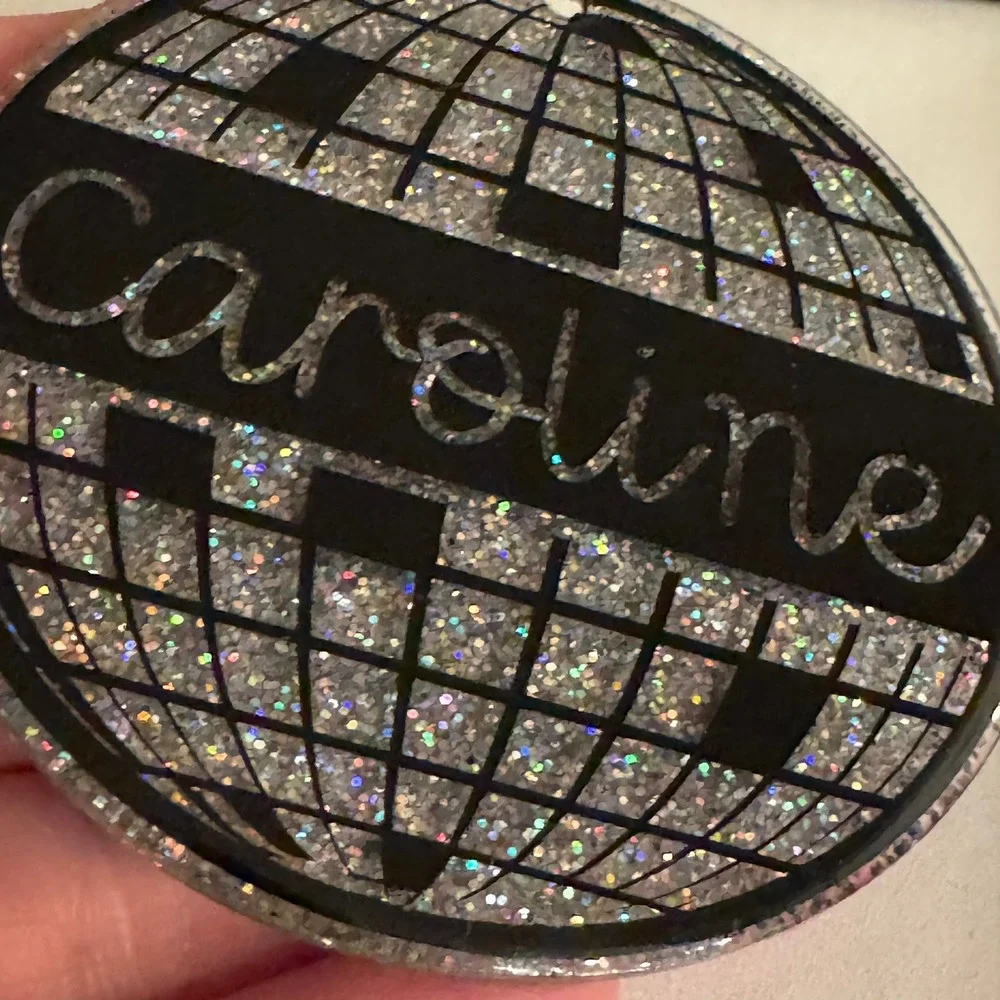 Personalized Caroline Silver Glitter Disco Ball Ornament Keychain Bag Charm‎